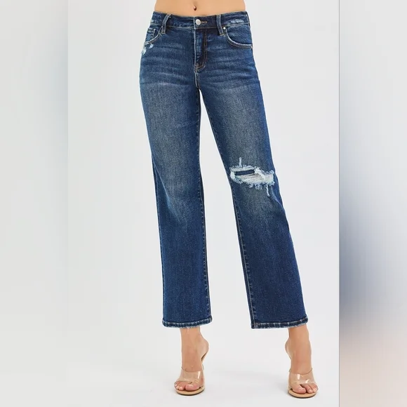 RISEN High-Rise Waist Distressed Patch Knee Straight Leg Pants Ankle Denim Jeans - Picture 10 of 16